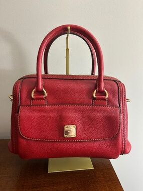 MCM Red Pebbled Leather 2-way Boston Bag